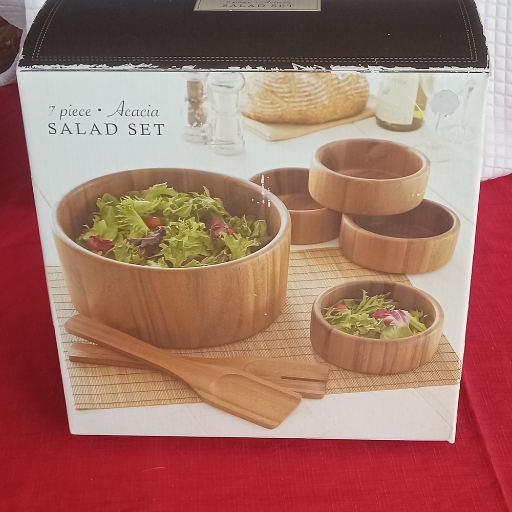 Acacia Wood 7 Piece Salad Set Bed Bath & Beyond New In Box
